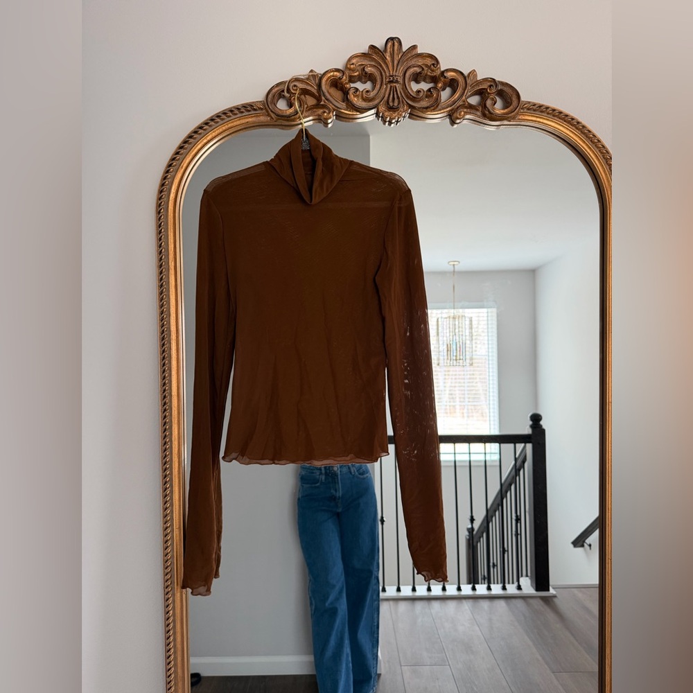 Brown Sheer Long-Sleeve Turtleneck Mesh Top